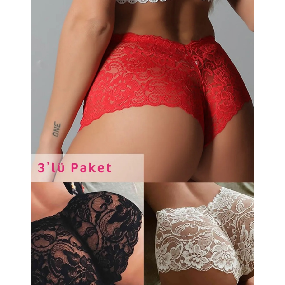 3’lü Dantel Külot Seti (Kırmızı / Siyah / Beyaz) – Kadın İç Giyim Rahat Esnek Model