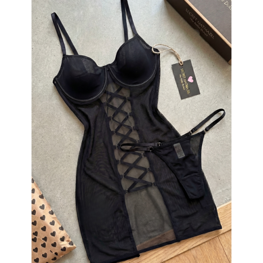 Black Icon Transparan Sırt Bağcık Detaylı Mini Gecelik