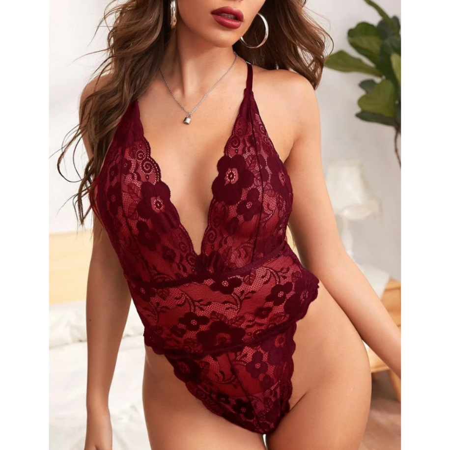 Bordo Dantel Bodysuit – Sırt Dekolteli Kadın İç Giyim Seksi Body