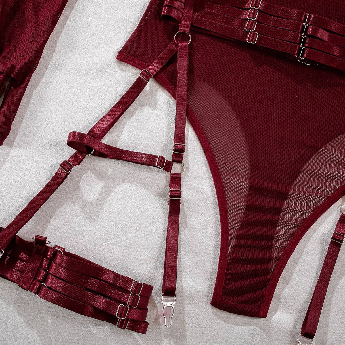 Bordo Şarap Tonu Transparan Tül Kemer Detaylı Premium Özel Koleksiyon Jartiyer Body Takım — görsel 10