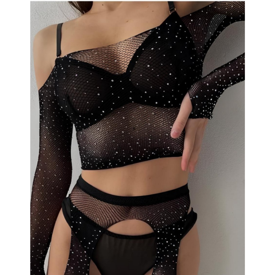 Işıltılı File Fantezi Takım – Taş Detaylı Seksi Body Set — görsel 4