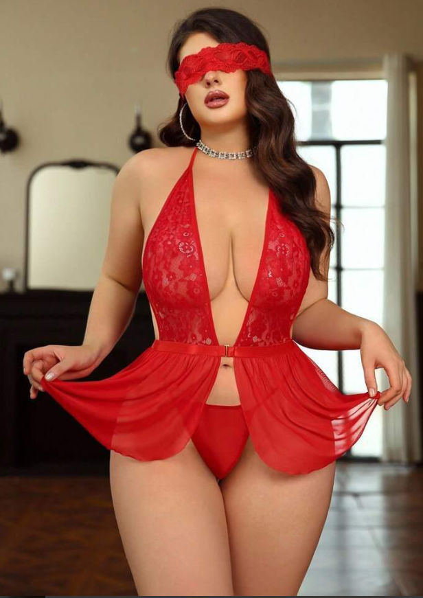 Kadın KırmızıTül Dantel Detaylı Mini Büyük Beden Gecelik — görsel 2