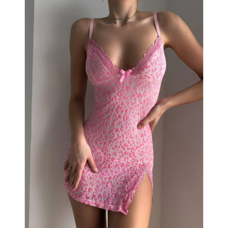 Kadın Pembe Leopar Desenli Babydoll – Dantel Detaylı Seksi Gecelik