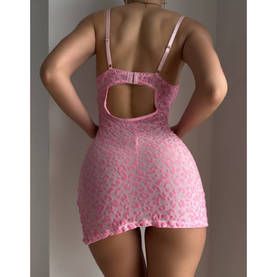 Kadın Pembe Leopar Desenli Babydoll – Dantel Detaylı Seksi Gecelik — görsel 3