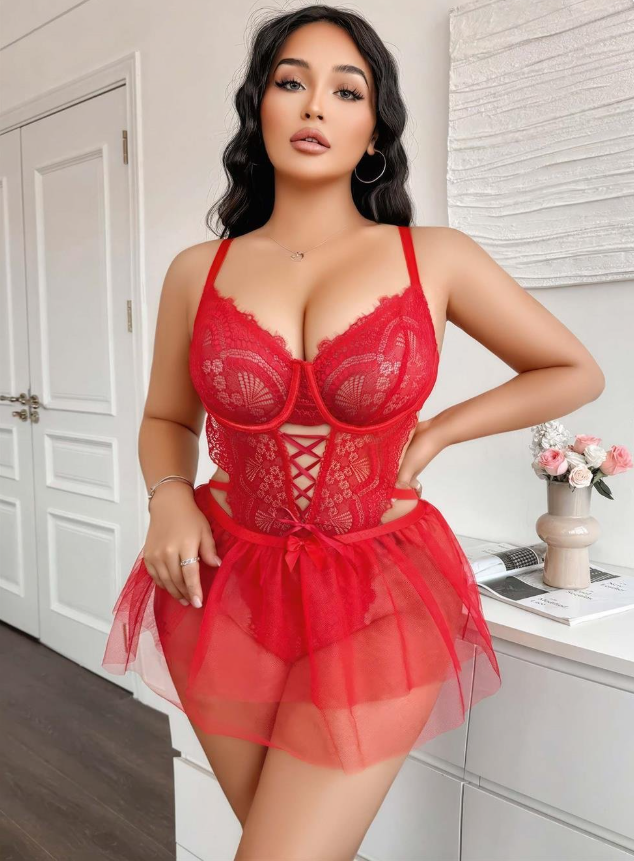 Kırmızı Jartiyerli Volanlı Etekli Göğsü Dantelli Büyük Beden Mini Gecelik — görsel 2