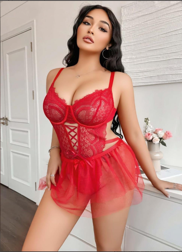 Kırmızı Jartiyerli Volanlı Etekli Göğsü Dantelli Büyük Beden Mini Gecelik — görsel 3