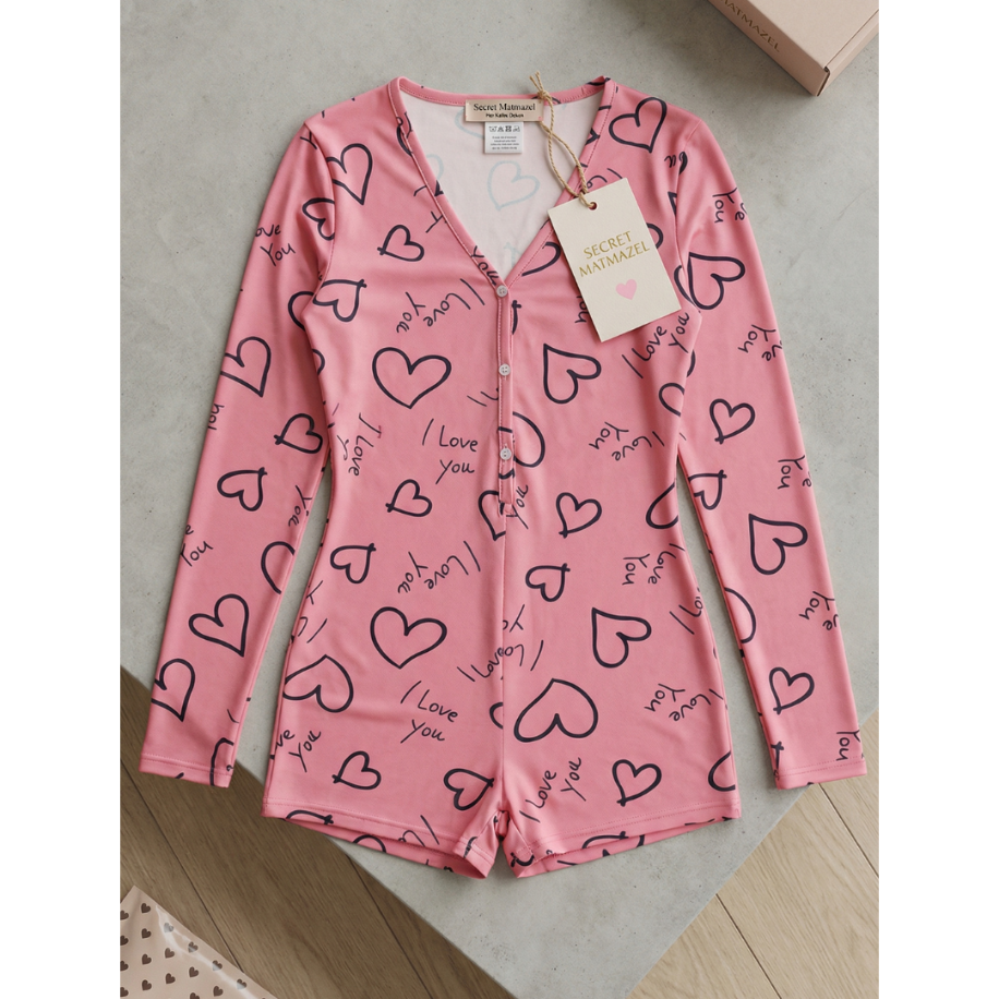 Love Mood Kalp Desenli Uzun Kollu Şortlu Gecelik