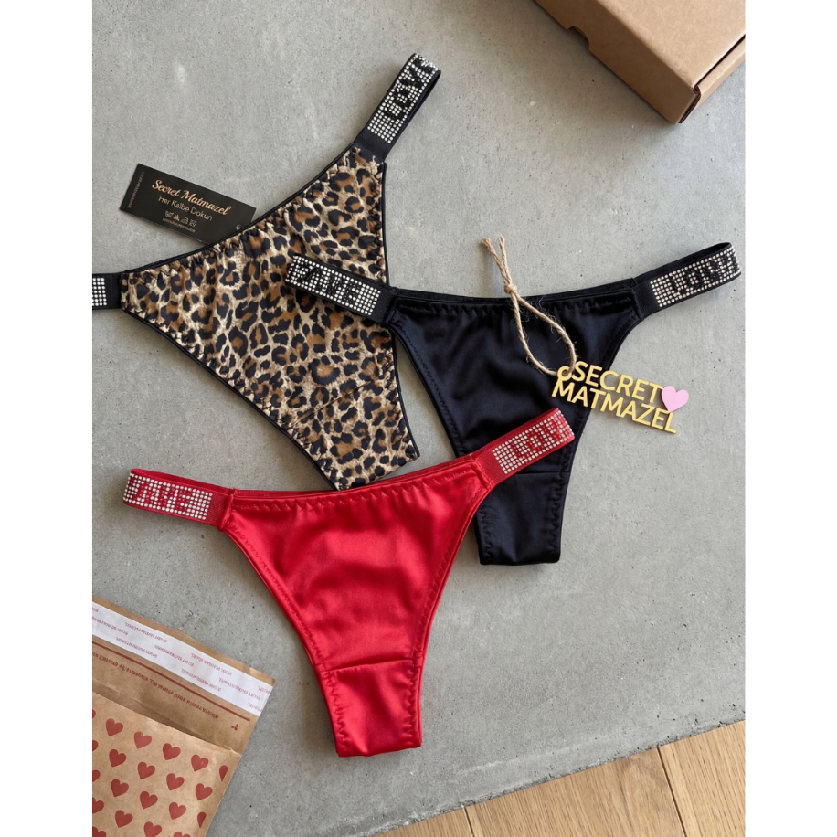 LOVE Taş Detaylı Kadın Tanga Külot – 3’lü Paket