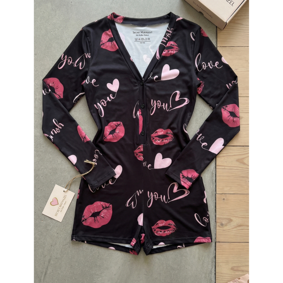 Midnight Kiss Kalp    Dudak Desenli Mini Gecelik