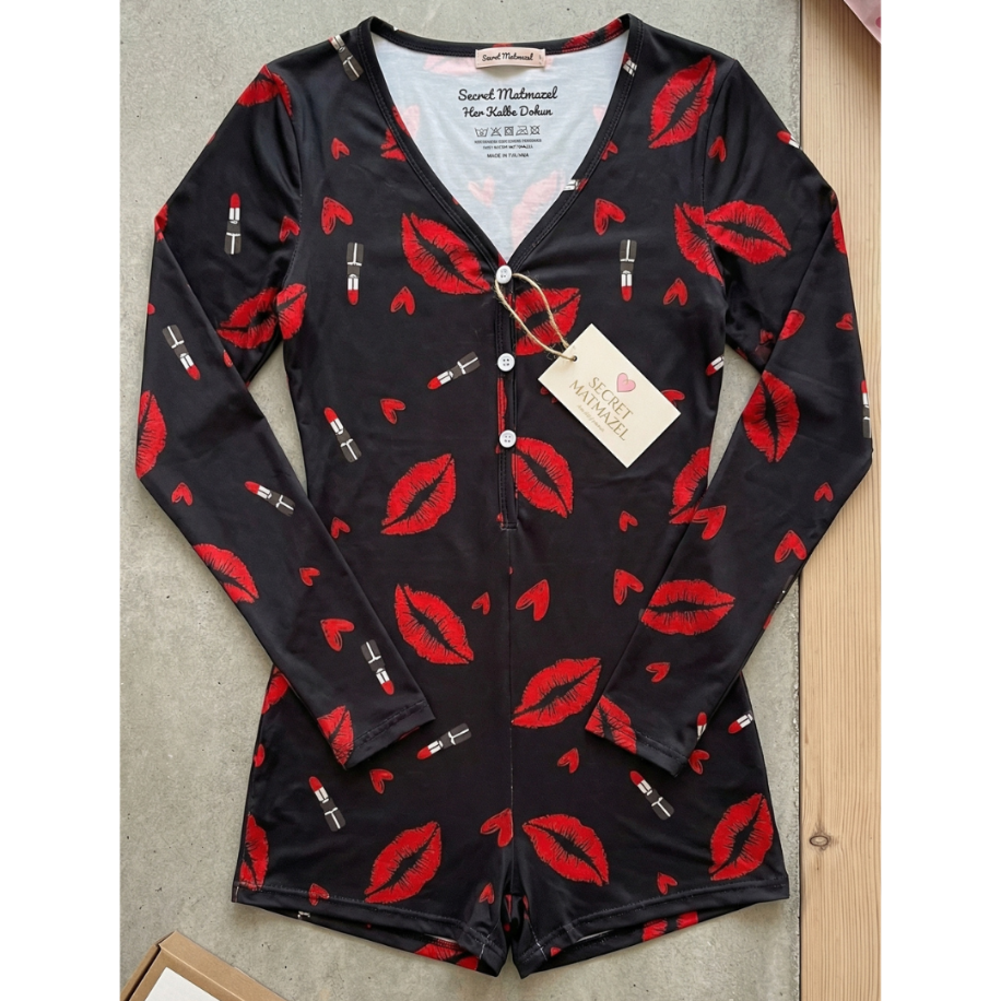 Midnight Lipstick Desenli Uzun Kollu Mini Gecelik