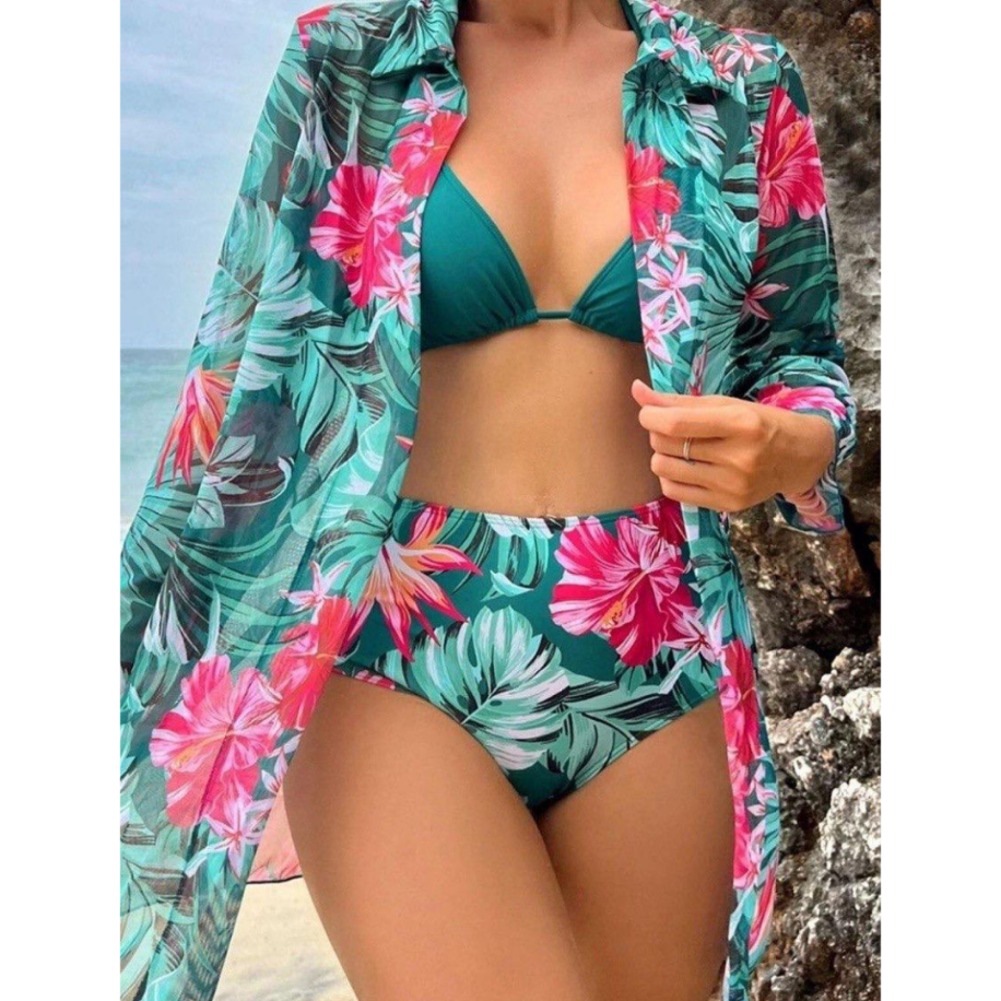 Premium 3 'lü Tropikal Plaj Seti - Yüksek Bel Bikini ve Şifon Kimono