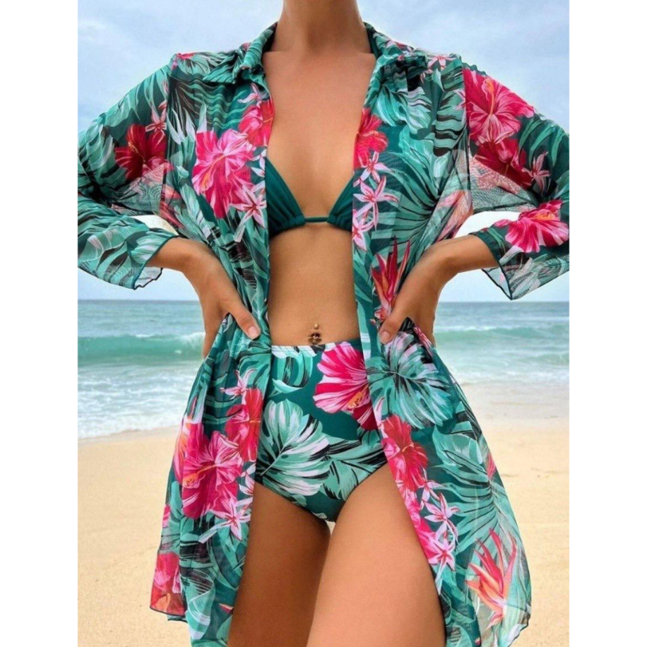 Premium 3 'lü Tropikal Plaj Seti - Yüksek Bel Bikini ve Şifon Kimono — görsel 3