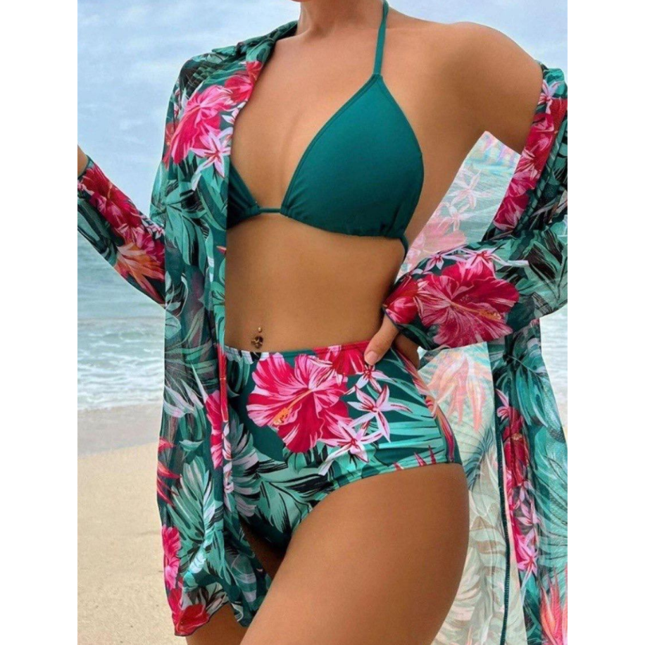 Premium 3 'lü Tropikal Plaj Seti - Yüksek Bel Bikini ve Şifon Kimono — görsel 4
