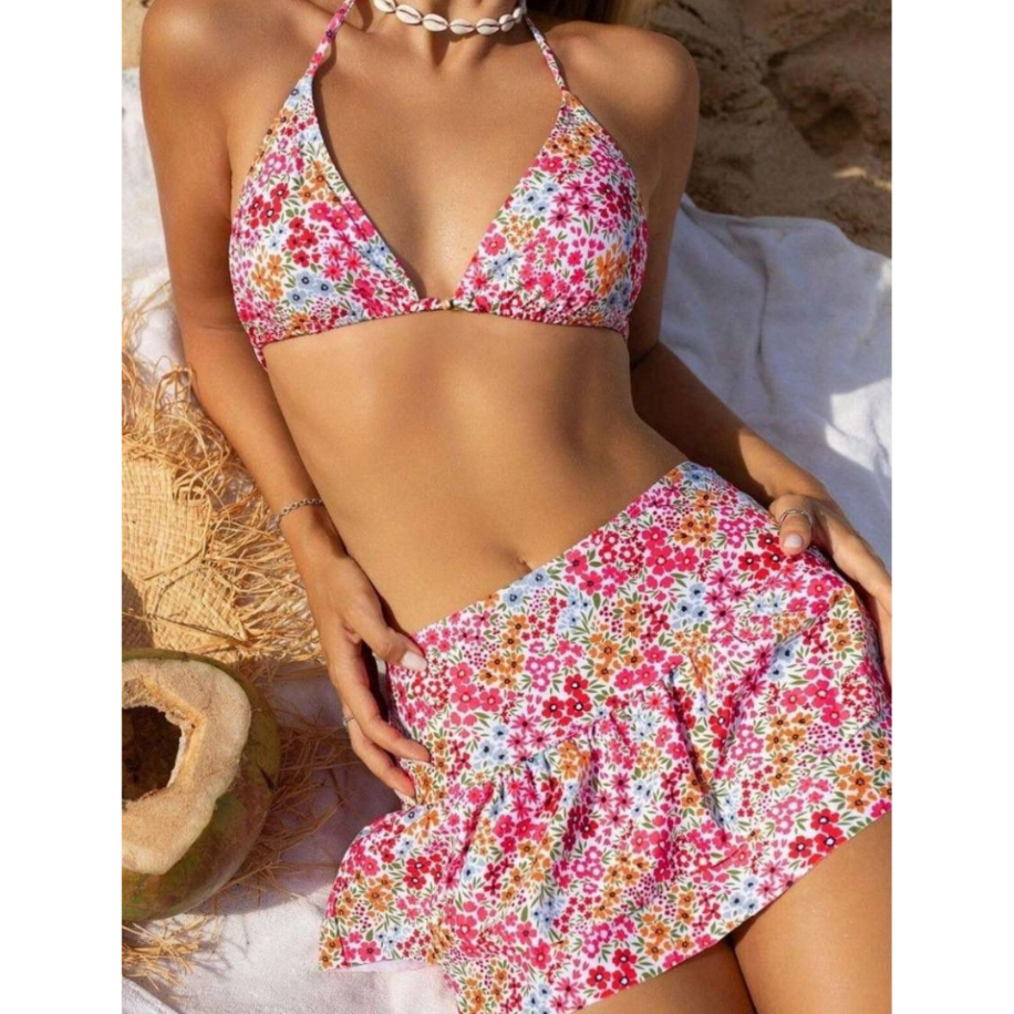 Premium Floral Desenli Fırfırlı Etekli Bikini Takımı