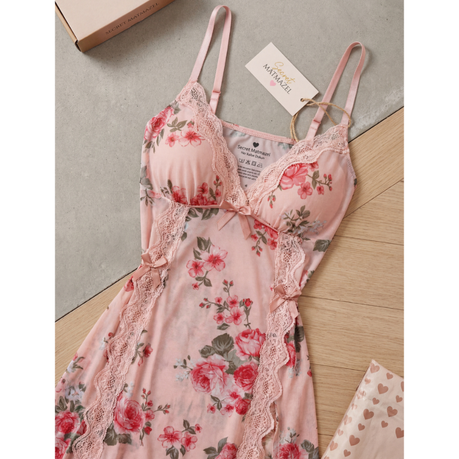 Rose Lace Çiçek Desenli Uzun Gecelik