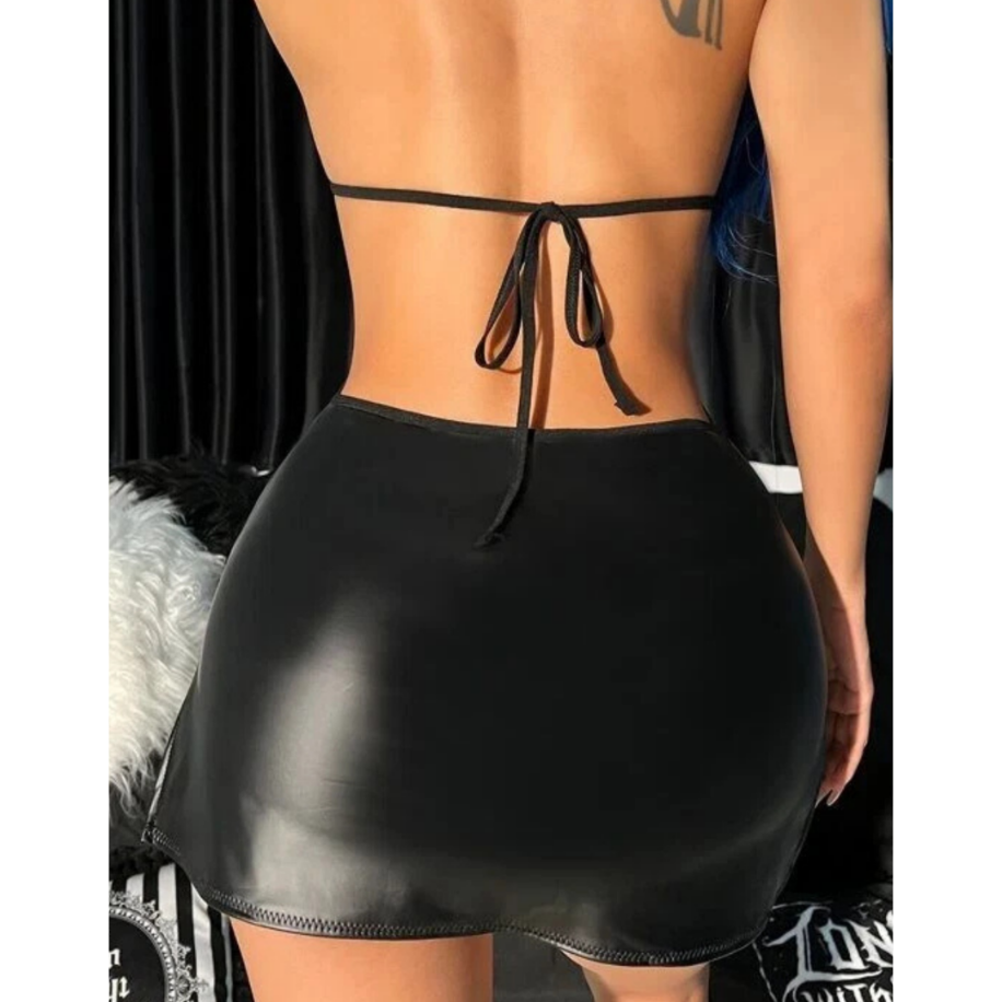 Siyah Deri Görünümlü Bağcıklı Mini Fantezi Elbise — görsel 3