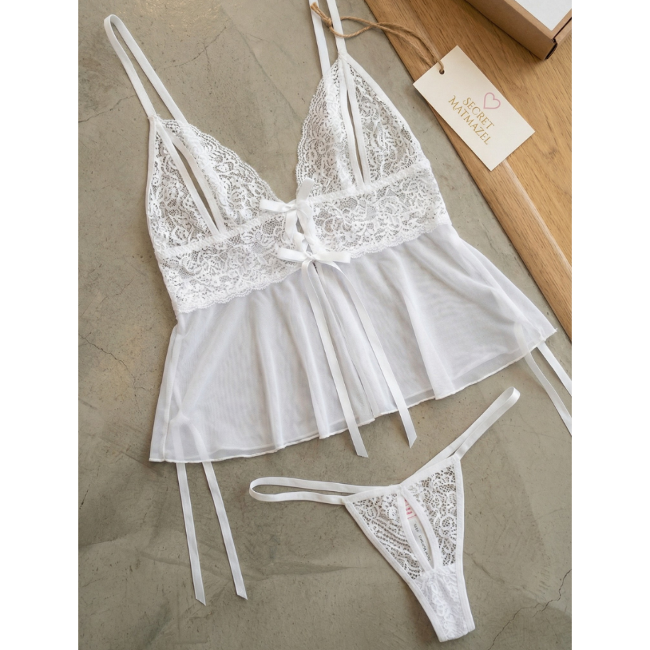 White Temptation Dantel    Tül Detaylı Bağcıklı Fantezi Takım